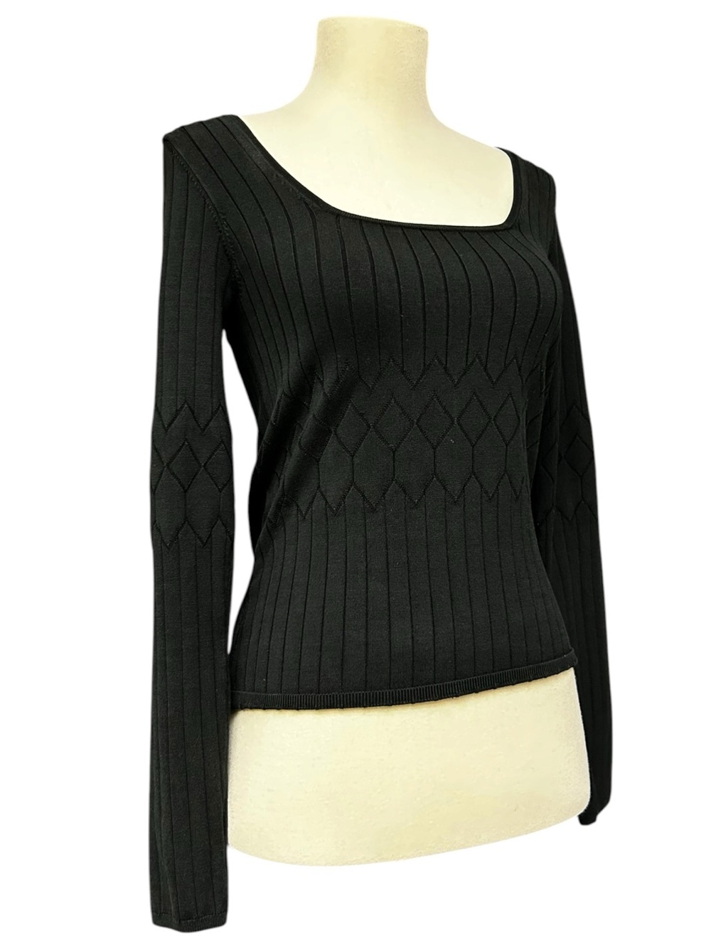 Y2K Vintage Black Silk Blend Ribbed Pointelle Knit Long Sleeve Top Size Small